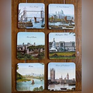 Vintage London Scenery Coasters - Set of 6 (Blue/Tan)